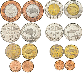 Кабинда, Ангола набор из 8 монет (1, 2, 5, 10, 20 и 50 авос, 1 и 2 рейс) 2009 рыбы X 25, 26, 27, 28, 29, 30, 31 и 32 сталь плакированная никелем, сталь плакированная латунью, латунь, никель, биметалл PROOF M79-10