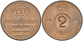 Швеция 2 эре 1965 U, Густав VI Адольф (1950-1973) KM 821 бронза 4364-811