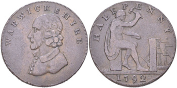 Великобритания, Уорикшир 1/2 пенни 1792 гурт надпись D&H 49 медь 1529-1212