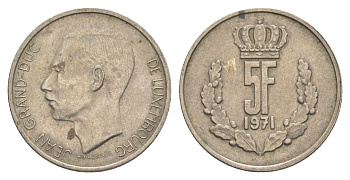 Люксембург 5 франков 1971 Герцог Жан (1964-1999) KM 56 медно-никель 4529-545