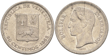 Венесуэла 50 сентимо 1965 Симон Боливар KM 41, Schon 51 никель 186-825