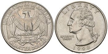 США 25 центов = квотер = 1/4 доллара 1998 P, Джордж Вашингтон KM 164a медь плакированная медно-никелем 216-847