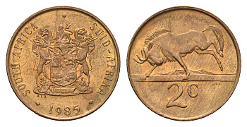 ЮАР 2 цента 1985 герб, антилопа гну KM 83 бронза UNC 4114-652