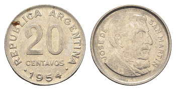 Аргентина 20 сентаво 1954 KM 52 сталь плакированная никелем 4664-618