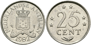 Нидерландские Антилы 25 центов 1982 Беатрикс (1980-2013) KM 11 никель 177-517