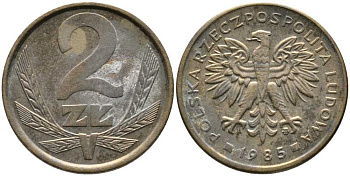 ПОЛЬША 2 ЗЛОТЫХ 1985 MW KM 80.1 латунь 110-854