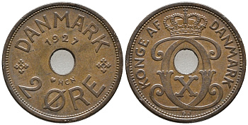 ДАНИЯ 2 ЭРЕ 1927 NCN; GJ, КРИСТИАН X (1912-1947) KM 827.2 бронза 67-151