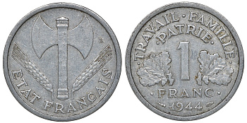 Франция 1 франк 1944 правительство Виши KM 902.1, Le Franc 223.5 алюминий 4163-423