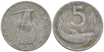 Италия 5 лир 1951 R, руль, дельфин KM 92 алюминий    4576-748