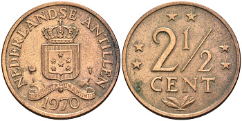 Нидерландские Антилы 2 1/2 цента 1970 Юлиана (1948-1980) KM 9 бронза 4177-337