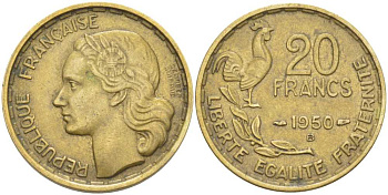 Франция 20 франков 1950 петух, полная подпись, 4 пера KM 916.1, Le Franc 401.3 алюминиевая бронза 175-647