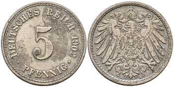 Германия 5 пфеннигов 1902 A KM 11, J. 12 медно-никель 4151-434