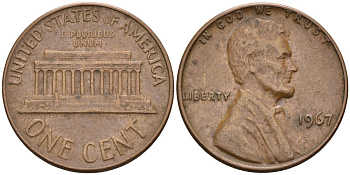 США 1 цент 1967 Линкольн KM 201 медь цинк 4115-841