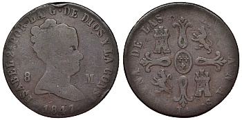 Испания 8 мараведи 1847 М, Изабелла KM 531.3 медь    4117-511