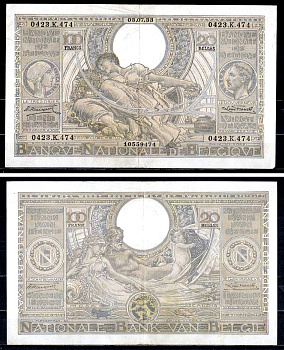 Бельгия 100 франков 1933 Королева Елизавета, король Альберт, аллегорическая женщина ("Сельское хозяйство") Аллегорические фигуры - реки Мозель (Mosa) и Шельда (Scaldis) Pick 107 бумага 6312-65-2-1