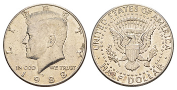 США 1/2 доллара (50 центов) 1988 D, Джон Кеннеди KM A202b медь плакированная медно-никелем aUNC 4367-944