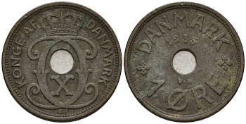 Дания 1 эре 1935 Кристиан X (1912-1947) KM 826 бронза 4147-427