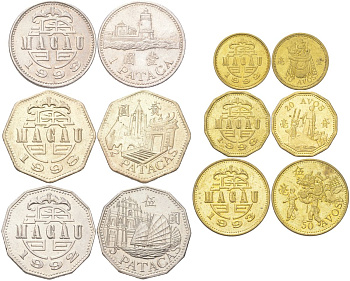 Макао набор из 6 монет одного выпуска (10, 20 и 50 аво; 1, 2 и 5 патак) 1992, 1993 и 1998 56, 57, 70, 71, 72 и 97 UNC 4612-1024-1026