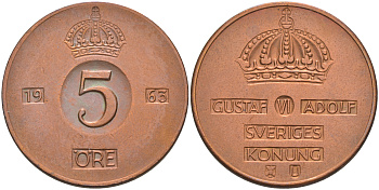 Швеция 5 эре 1963 Густав VI Адольф (1950-1973) KM 822 бронза 4111-134