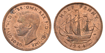 Великобритания 1/2 пенни 1944 Георг VI (1936-1952) KM 844, Spink 4115 бронза 4699-424