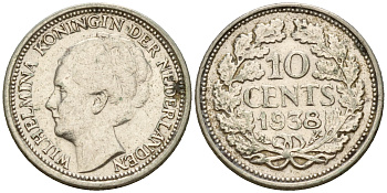 Нидерланды 10 центов 1938 Вильгельмина I (1890-1948) KM 163 серебро  4189-161