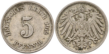 Германия 5 пфеннигов 1912 D KM 11, J. 12 медно-никель 4151-535