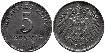 ГЕРМАНИЯ 5 ПФЕННИГОВ 1917 A KM 19, Jager 297, Weege 5 железо 4547-562