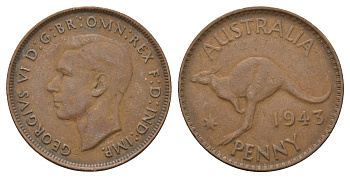 Австралия 1 пенни 1943 Кенгуру, Георг VI (1936-1952) KM 36 бронза 4692-833