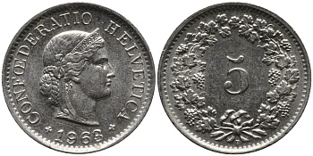 ШВЕЙЦАРИЯ 5 РАППЕНОВ 1963 В KM 26 медно-никель 96-1128