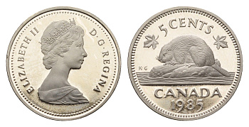 Канада 5 центов 1985 Елизавета II (1952-2022), бобр KM 60.2a никель PROOF 413-3242