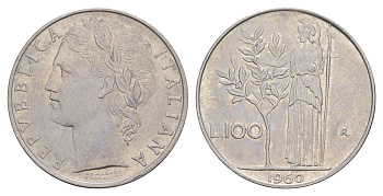 Италия 100 лир 1960 KM 96.1 нержавеющая сталь 4637-456