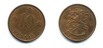 Финляндия 10 пенни 1921 республика (1918-1962) KM 24 медь 46-349