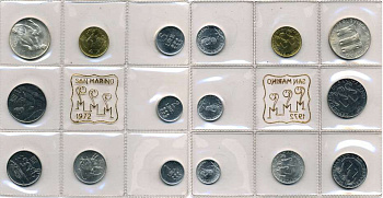 Сан-Марино годовой набор из 8 монет 1972 1, 2, 5, 10, 20, 50, 100 и 500 лир мать поднимает ребенка в воздух KM 14-21, в оригинальной пластиковой запайке серебро KM MS1 серебро UNC 5-4-3-53