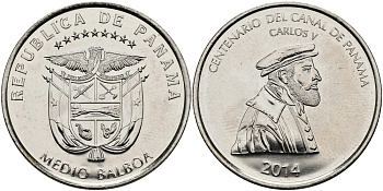 Панама 1/2 бальбоа 2014 100 лет окончания строительства Панамского канала, Карл V KM 145 медь плакированная медно-никелем UNC M45-08