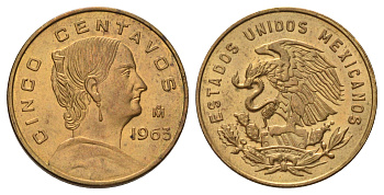 Мексика 5 сентаво 1963 Жозефа Ортис де Домингес KM 426 латунь UNC 4580-246