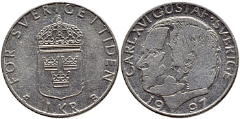 Швеция 1 крона 1997 Карл XVI Густав (1973- ) KM 852a медно-никель 4382-1012