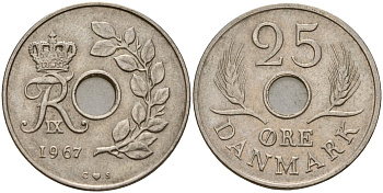 Дания 25 эре 1967 С; S, Фредерик IX (1947-1972) KM 855.1 медно-никель 4187-1152