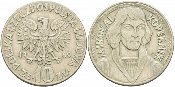 ПОЛЬША 10 ЗЛОТЫХ 1969 MW, НИКОЛАЙ КОПЕРНИК KM 51a медно-никель 4403-821