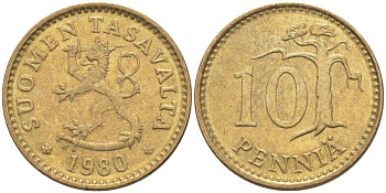 Финляндия 10 пенни 1980 К KM 46 алюминиевая бронза 219-1155