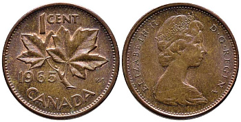 Канада 1 цент 1965 Елизавета II (1952-2022), кленовый лист KM 59.1 бронза 39-1239