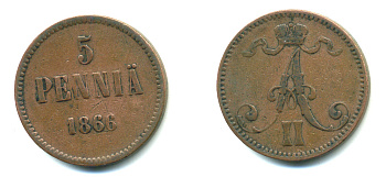 РОССИЯ ДЛЯ ФИНЛЯНДИИ 5 ПЕННИ 1866 АЛЕКСАНДР II KM 4.1, Биткин 658 медь 4381-412