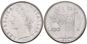 ИТАЛИЯ 100 ЛИР 1990 R, АФИНА У ОЛИВКОВОГО ДЕРЕВА, ДИАМЕТР 18 ММ. KM 96.2 нержавеющая сталь 4551-436
