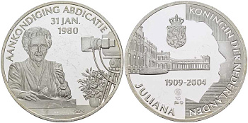 НИДЕРЛАНДЫ МЕДАЛЬ ND СЕРИЯ ЮЛИАНА КОРОЛЕВА НИДЕРЛАНДОВ (1909-2004), ОТРЕЧЕНИЕ ЮЛИАНЫ 31 ЯНВАРЯ 1980 ГОДА, ДИАМЕТР 38 ММ., ВЕС 25 ГР. серебро PROOF 1076-8-61