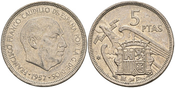 Испания 5 песет 1957 (72) Франсиско Франко (1939 - 1975) KM 786 медно-никель 4155-612