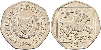 Кипр 50 центов 1994 похищение Европы KM 66 медно-никель    4595-946