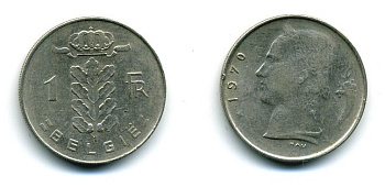 БЕЛЬГИЯ 1 ФРАНК 1970 BELGIE KM 143.1 медно-никель 25-1326