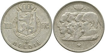 Бельгия 100 франков 1948 Belgie, королевская династия KM 139.1 серебро 1526-1325