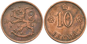 Финляндия 10 пенни 1931 редкий год KM 24 медь 4589-112