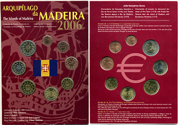 Португалия евронабор из 8 монет 2006 серия Португальские территории, архипелаг Мадейра, в красивом буклете, официальный выпуск BUNC 7-4-1-8