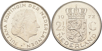 Нидерланды 2 1/2 гульдена 1972 Юлиана (1948-1980) KM 191 никель 4593-634